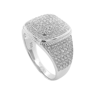 Sterling Silver Signet or Pinky ring, with high quality colorless cubic Zircoina stones.  Metal: 925 Sterling Silver Width: 16x14 mm Stones: Cubic Zirconia Stones