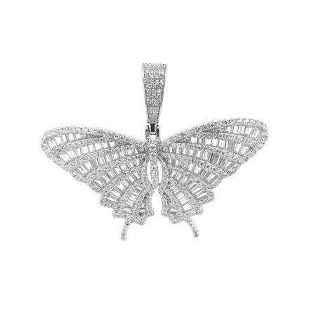 925 sterling silver butterfly pendant with baguette and round cubic zirconia stones.
