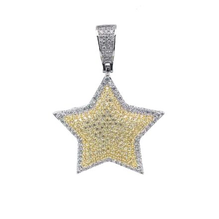silver star pendant set with yellow and white cubic zirconia stones.