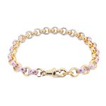 Solid stone set 9k yellow gold belcher bracelet with pink stones cubic zirconia stones.