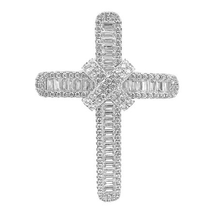 Stone Set Cross-Over Corss Pendant in 925 Sterling Silver with baguette and round cubic zirconia stones. The pendant is Hallmarkad and sent out in a gift box.
