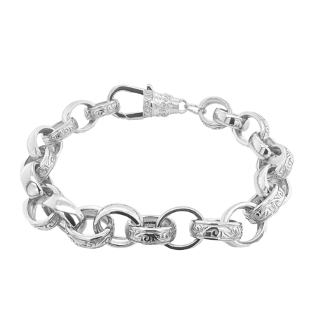 925 sterling silver belcher bracelet 10 mm wide with plain and patterned links.