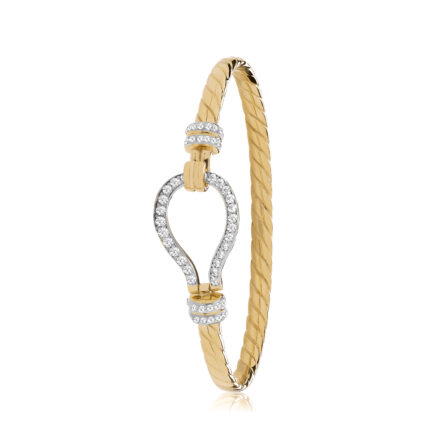 Solid 9k yellow gold stone set cubic zirconia stones hook bangle.