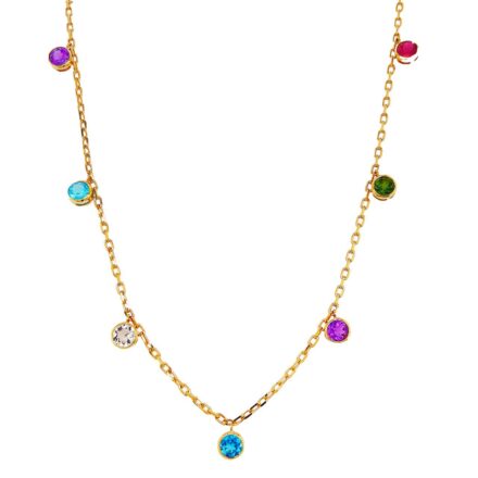 18k yellow gold gemstone necklace 18 inches in length with topaz and tourmaline.