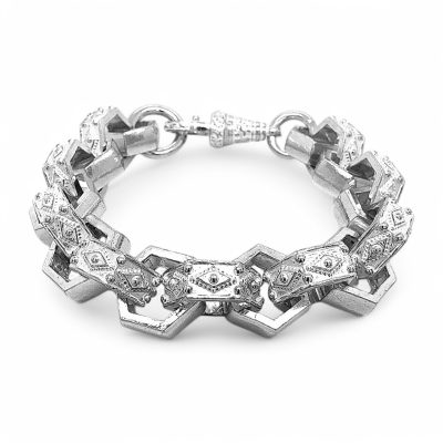 925 sterling silver Hexagon belcher bracelet solid for men with patterned links 16.50 mm.
