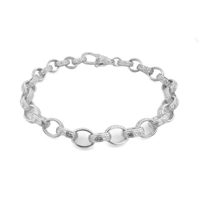 925 sterling silver 7 mm wide oval shaped belcher bracelet with patterned links and stone set links.