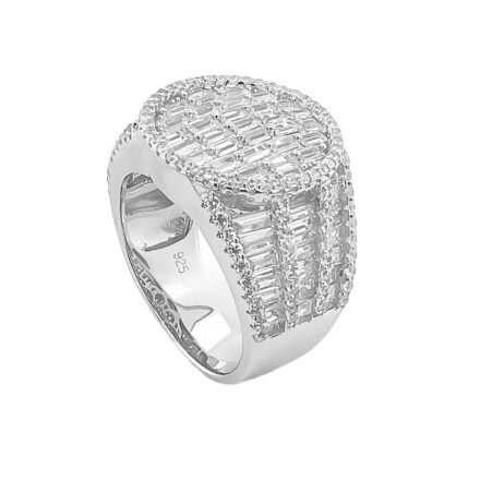 925 sterling silver signet ring for men with cubic zirconia stones in the round and baguette shaped stones.