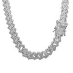 iced out sterling silver prong styled cuban chain with baguette and round stones.