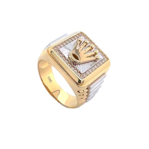 14k yellow and white gold solid mens signet ring set with stones Italian design with dc pattern.