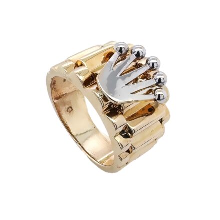 14k White and Yellow gold rolex styled signet ring with plain surface.