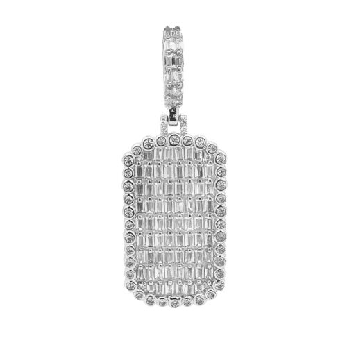 925 sterling silver baguette and round cz stone set Tag pendant rectangular shaped.
