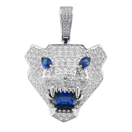 925 Sterling Silver Panther head pendant with white and blue cubic zirconia stones, large size.