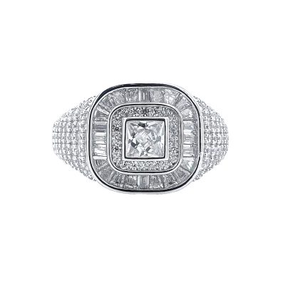 925 sterling silver square signet ring for men with square baguette and round stones.