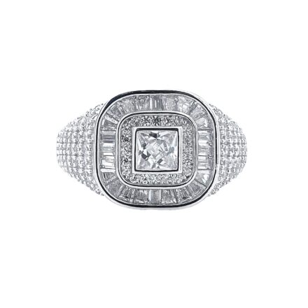 925 sterling silver square signet ring for men with square baguette and round stones.