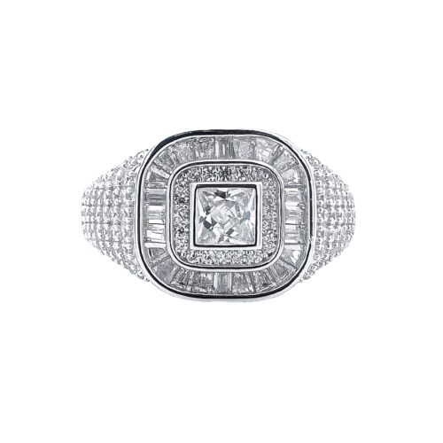 925 sterling silver square signet ring for men with square baguette and round stones.