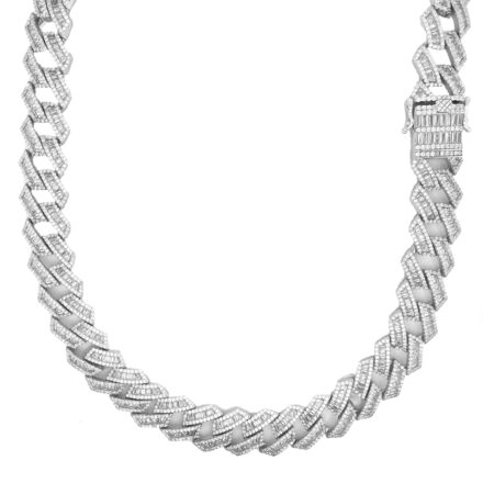 925 sterling silver iced out cuban chain 14 mm wide with baguette and round cz stones.