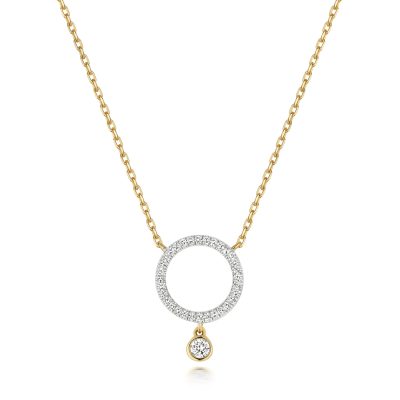 9k Yellow gold Circle pendant with a drop diamond necklace 0.08 ct SI diamonds.