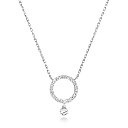 9k white gold circle diamond necklace with a diamond drop for women.