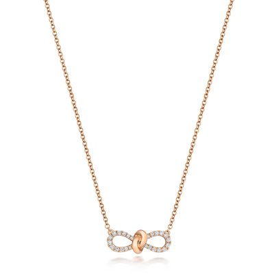 18k Rose Gold Diamond Bow Necklace for women set with 0.19 ct VS stones.