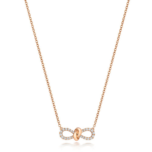 18k Rose Gold Diamond Bow Necklace for women set with 0.19 ct VS stones.