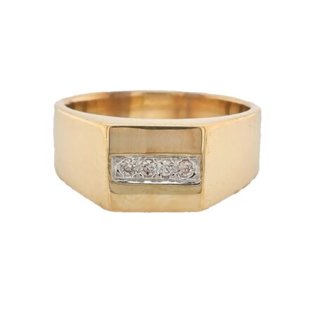 9k yellow gold solid signet ring for me with cubic zirconia stones.