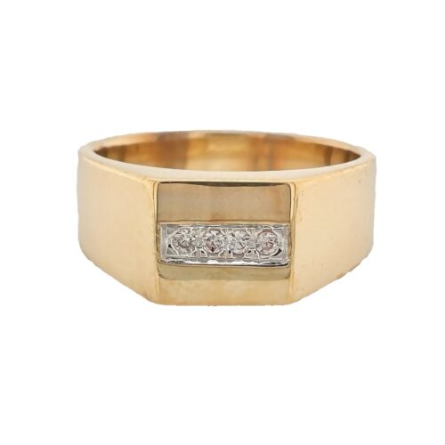 9k yellow gold solid signet ring for me with cubic zirconia stones.