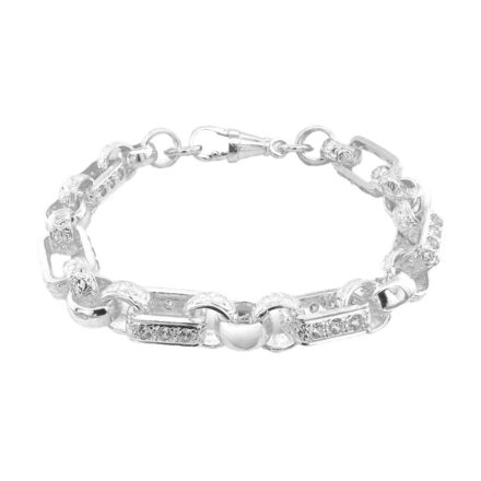 Sterling silver Gypsy link stone set with cubic zirconia stones belcher bracelet 10 mm wide, solid and heavy.