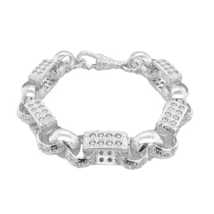 925 sterling silver solid and heavy gypsy link bracelet stone set with cz stones for men.