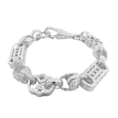 Large Stars and bars tulip styled bracelet solid and heavy link for men in sterling silver 925.