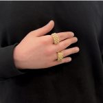 Two keeper ring 4 row rectangular shaped on hand for men 9k yellow gold solid heavy weight.