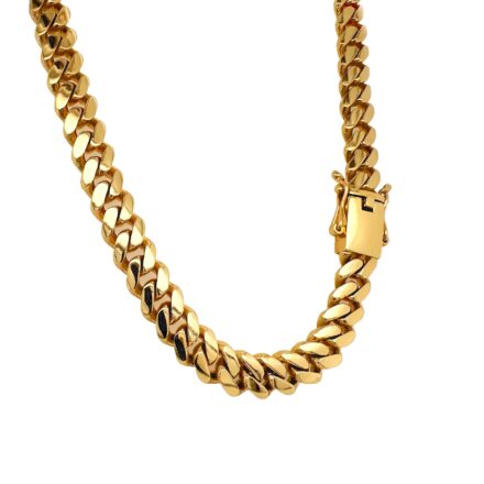 9k yellow gold solid Miami Cuban chain 10 mm wide with a safety box clasp heavy weight quarter of a kilo.