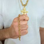9k yellow gold gypsy link combo chain and bracelet with the crucifix pendant. 8 mm wide gypsy link chain and bracelet.