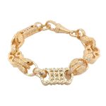 9k yellow gold solid stars and bars tulip bracelet 13 mm wide heavy weight for men in 8.5 inches.