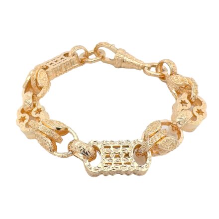 9k yellow gold solid stars and bars tulip bracelet 13 mm wide heavy weight for men in 8.5 inches.