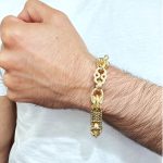 8 inches stars and bars tulip bracelet for men in solid 9ct yellow gold heavy weight large big links.