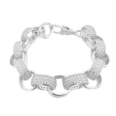 14 mm big and heavy belcher braceler in 925 sterling silver with micro pave set cubic zirconia stones.