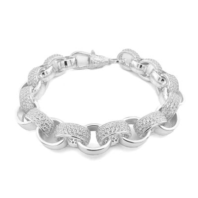 925 sterling silver belcher bracelet stone set with 3 rows of Cz stones 9 mm wide for men and women.