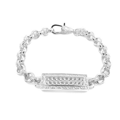 925 sterling silver ID belcher bracelet iced out with cz stones for children and kids. Solid links