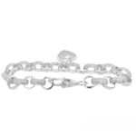 Heart charm belcher bracelet in 925 sterling silver for women 9 mm wide with cubic zirconia stones.