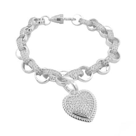 Heart charm belcher bracelet in 925 sterling silver for women 9 mm wide with cubic zirconia stones.
