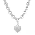 Heart charm belcher bracelet in 925 sterling silver for women 9 mm wide with cubic zirconia stones.