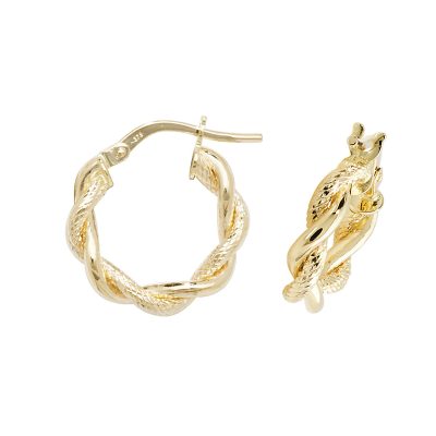 9k twisted hoop earring for women with diamond cut pattern tube design.