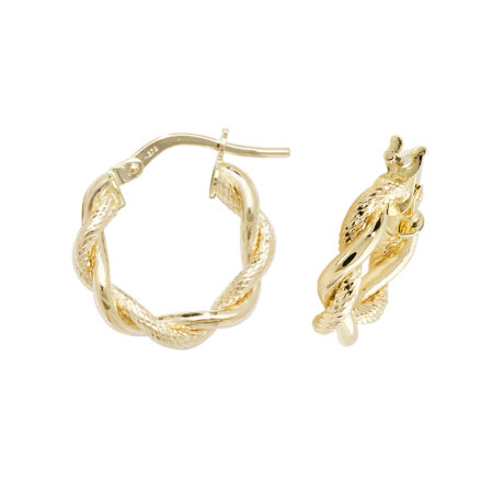 9k twisted hoop earring for women with diamond cut pattern tube design.