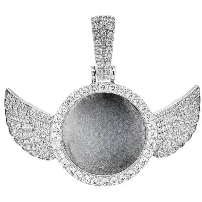 925 sterling silver picture pendant with wings on. Set fully iced out with Cubic zirconia stones.