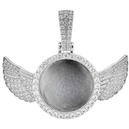 925 sterling silver picture pendant with wings on. Set fully iced out with Cubic zirconia stones.