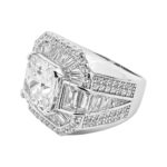 large iced out mens silver ring with cz stones cushion and baguette and round stones.
