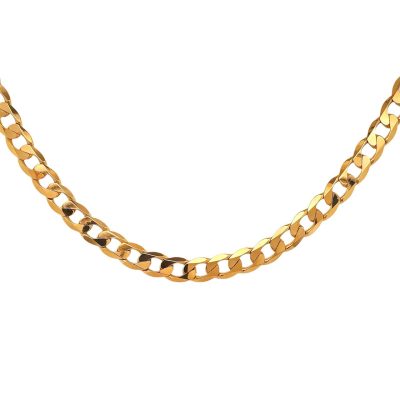 9k yellow gold solid curb chain flat bevelled thick links, 8.5 mm wide.