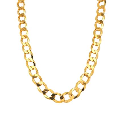 9k yellow gold solid curb chain flat bevelled thick links, 9 mm wide.