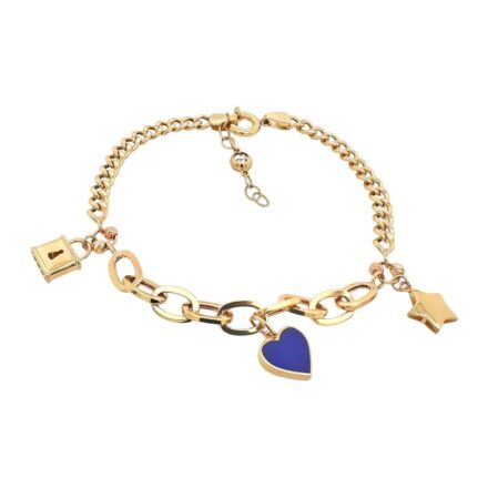 14k yellow gold semi solid charm bracelet for ladies and women 6.5 mm wide heart padlock and star charm.