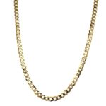9k yellow gold solid flat bevelled curb chain 4 mm wide for men women and kids from 18 to 24 inches.